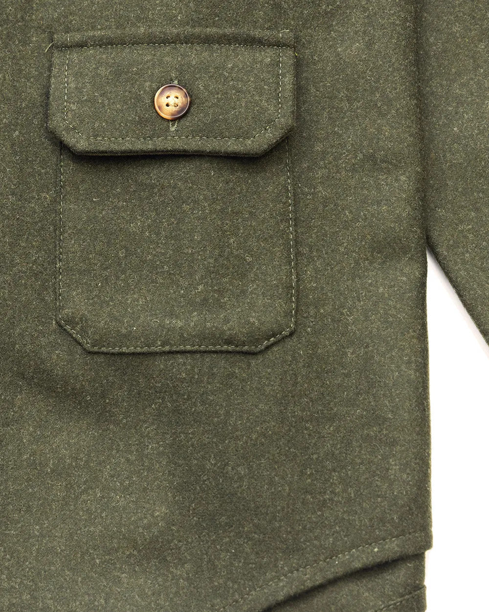 Chest pocket and wool texture on the Loden Green Mariners Overshirt