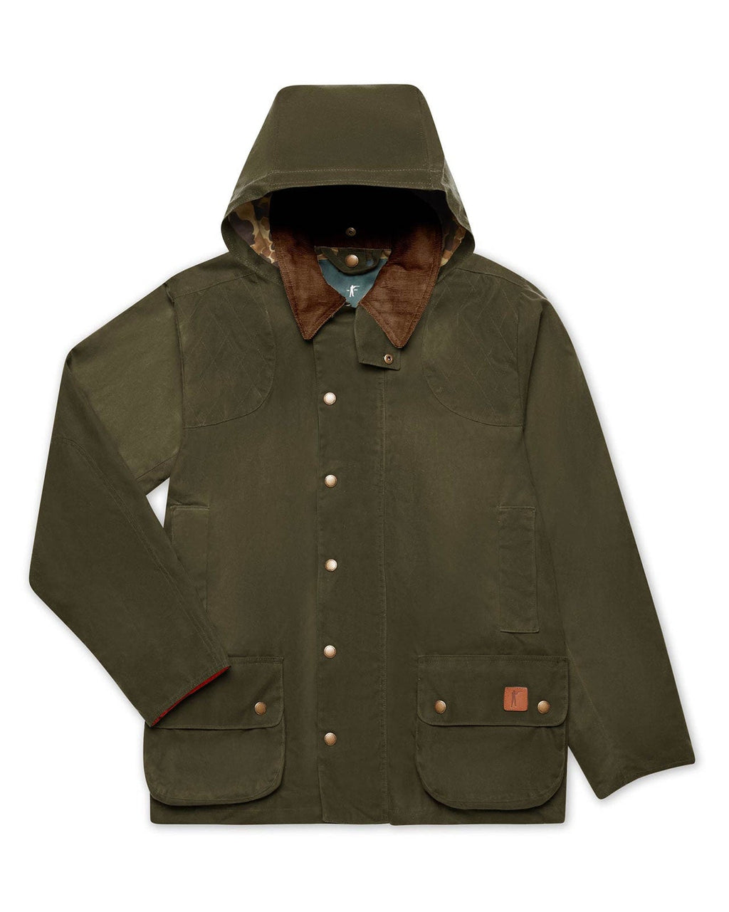 Olive Upland Jacket with the snap-on hood up, front view