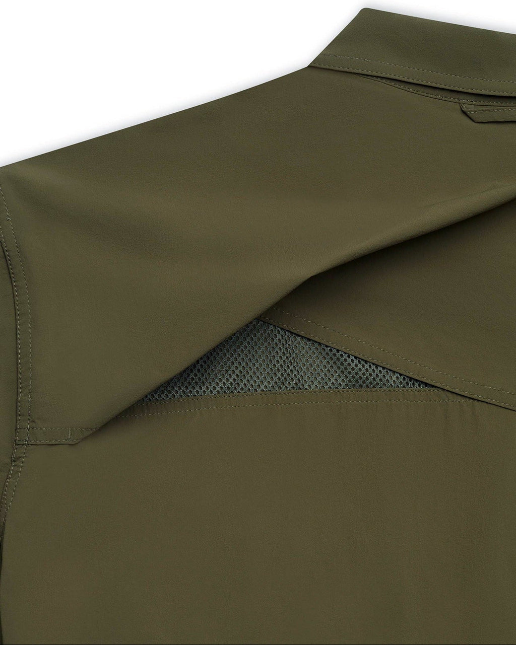 Breathable back yoke vent on the Olive Active+ Guide Shirt