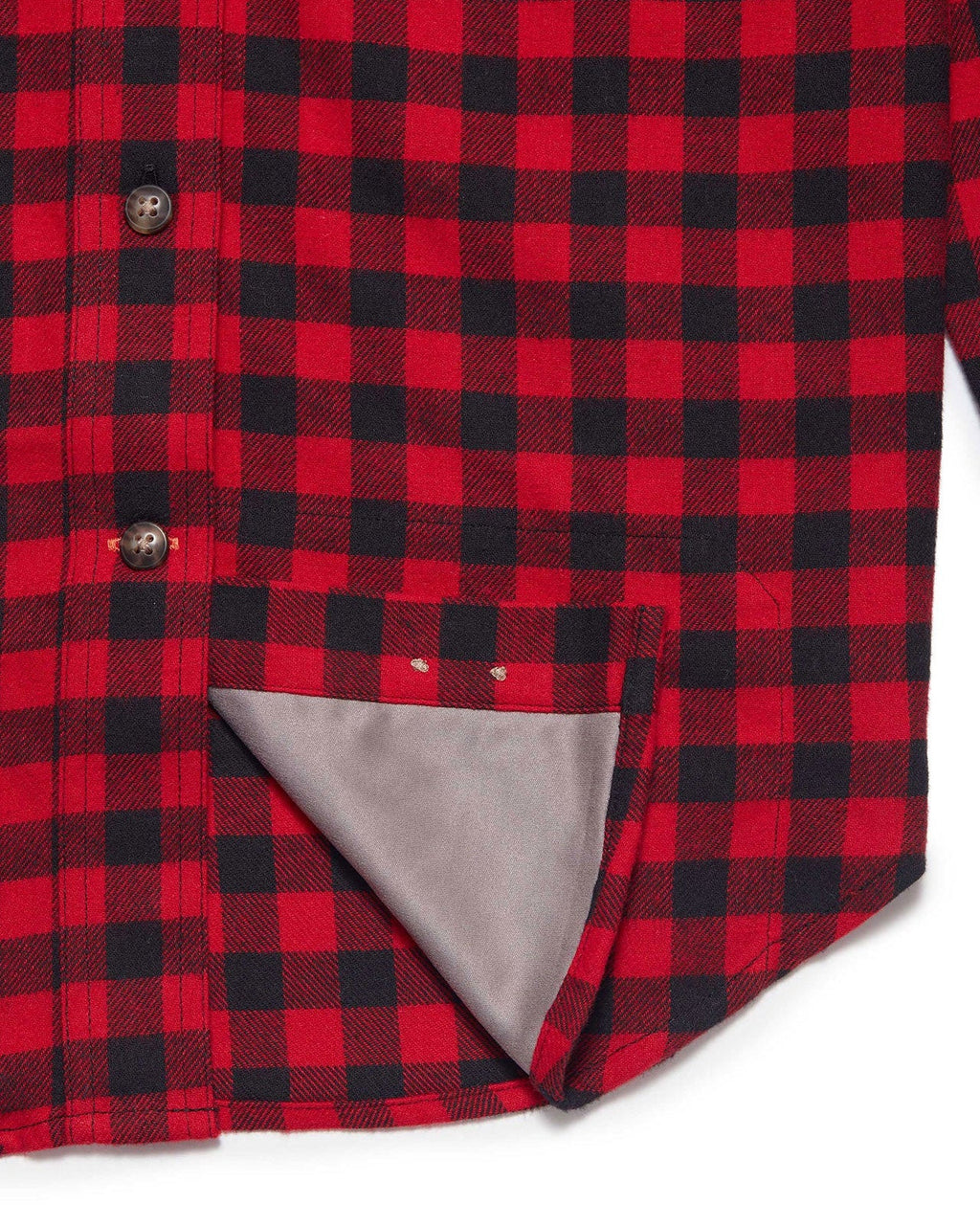 Microfiber sunglass cloth at the hem of the womens Joan Shirt in Mini Buffalo Plaid