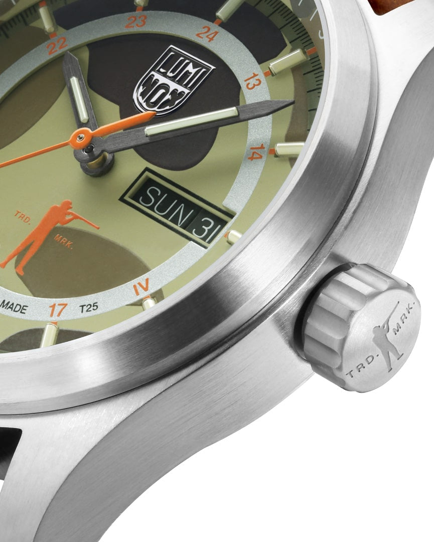 Ball and Buck x Luminox Automatic Field Watch case and crown, angled close-up of the camo dial