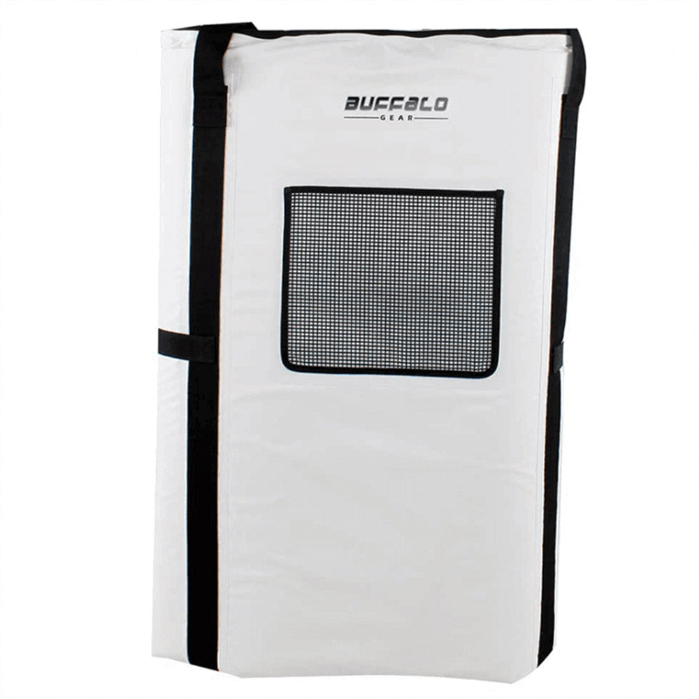 Buffalo Gear white hunting blind with mesh window and black straps for outdoor concealment