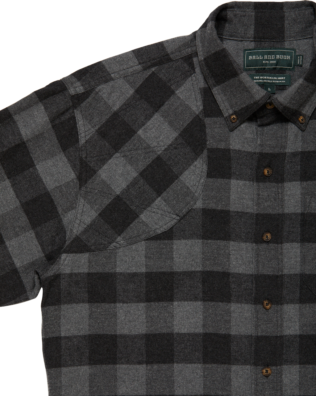 Shooting shoulder on the Grey Buffalo Plaid Sportsmans Shirt