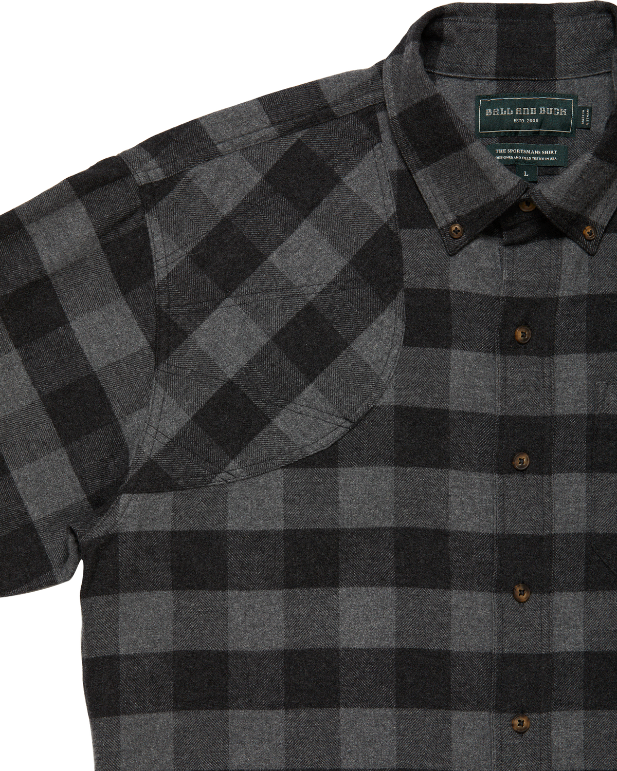 Shooting shoulder on the Grey Buffalo Plaid Sportsmans Shirt