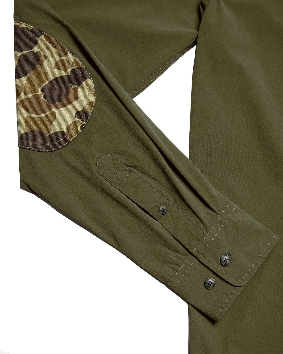 Original Camo elbow patch and cuff on the Olive Active+ Joan Field Shirt