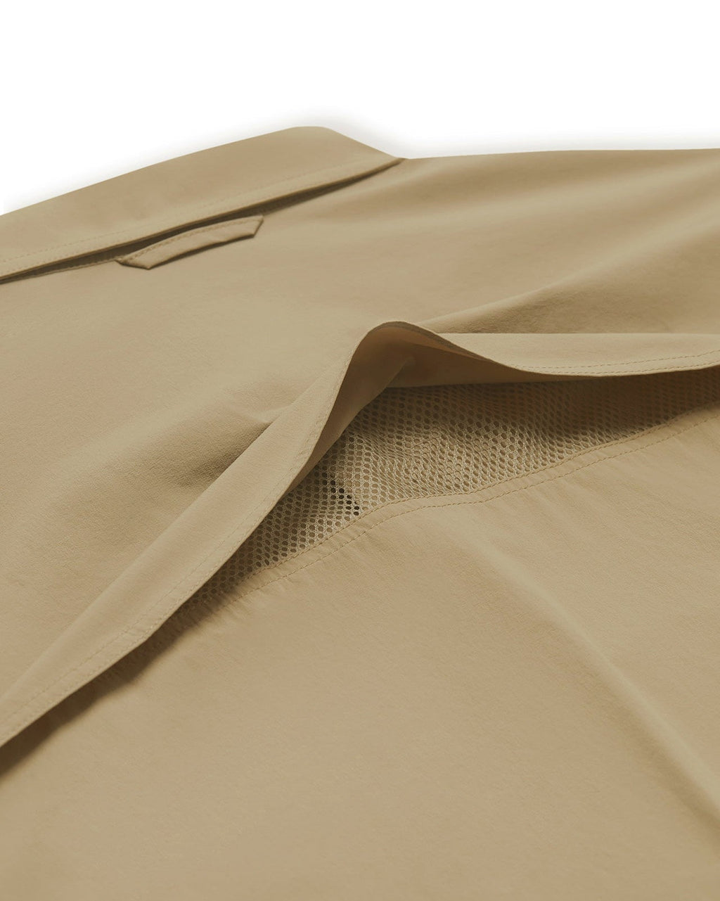 Back yoke vent on the Tan Active+ Guide Shirt