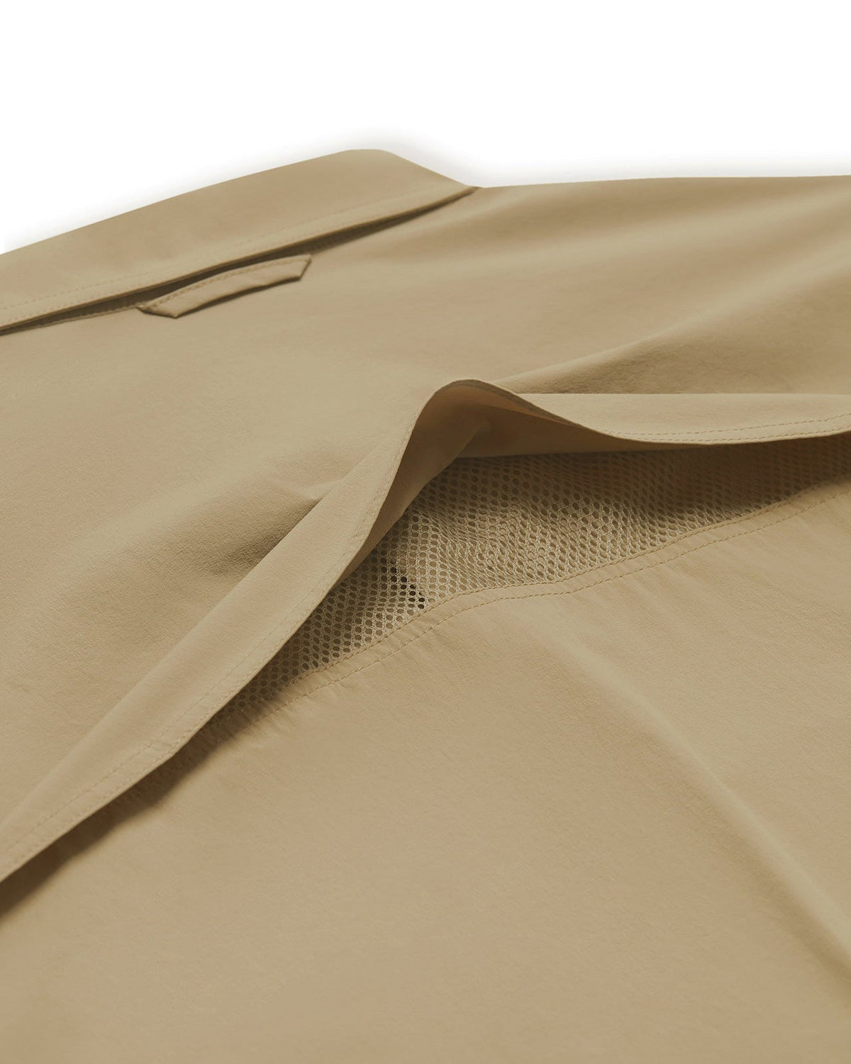 Back yoke vent on the Tan Active+ Guide Shirt