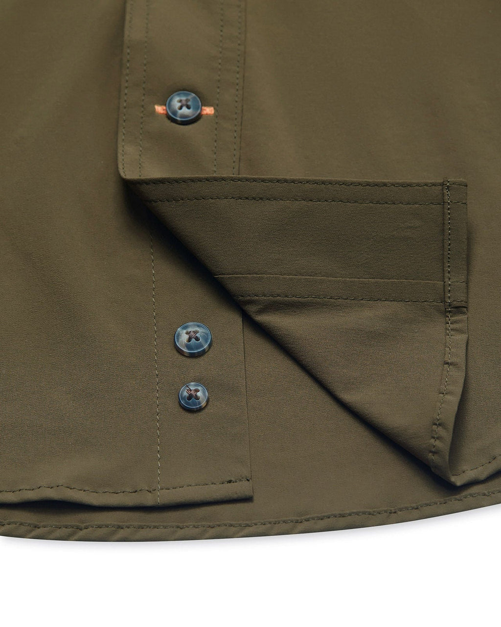Button placket and hem on the Olive Active+ Field Shirt