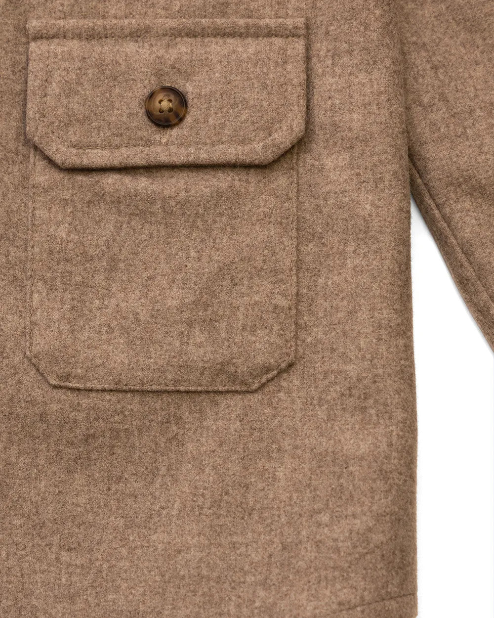 Chest pocket and wool texture on the Oatmeal Mariners Overshirt