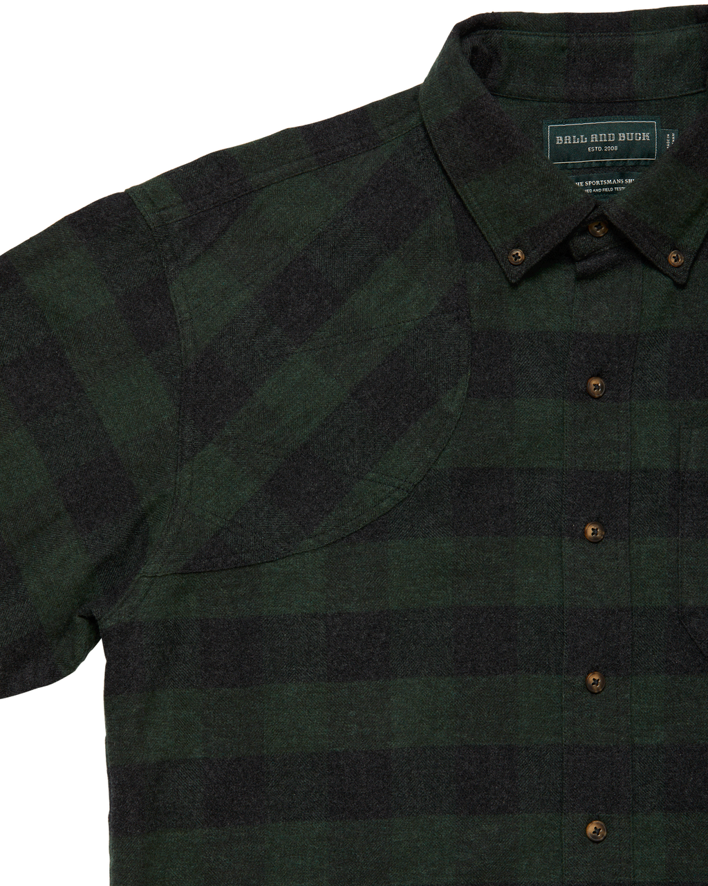 Shooting shoulder on the Green Buffalo Plaid Sportsmans Shirt