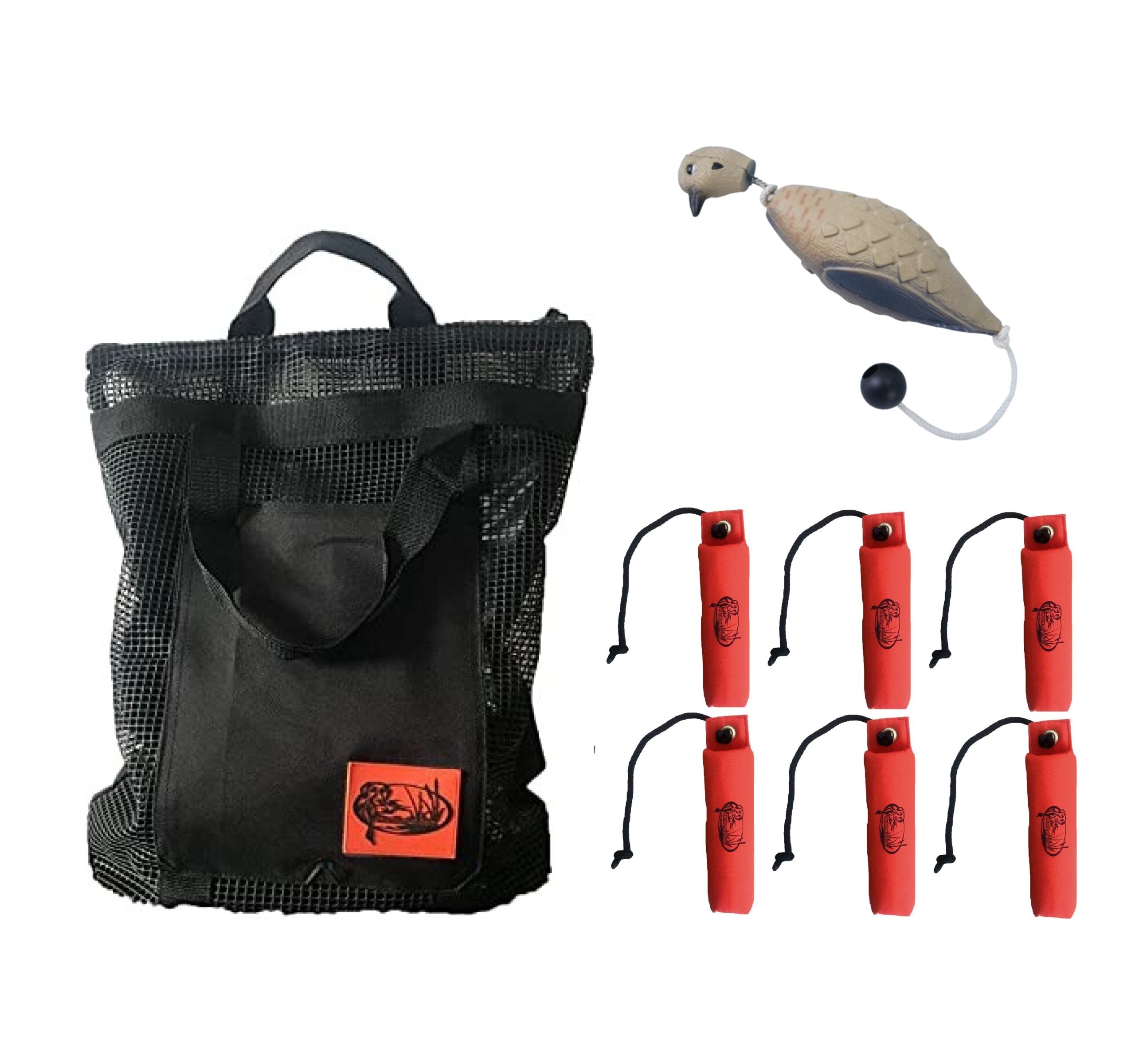 HuntEmUp Hunting Dog Essentials Training Kit - Mourning Dove Dummy + 6 Large Orange Canvas Bumpers + Mesh Bumper Bag
