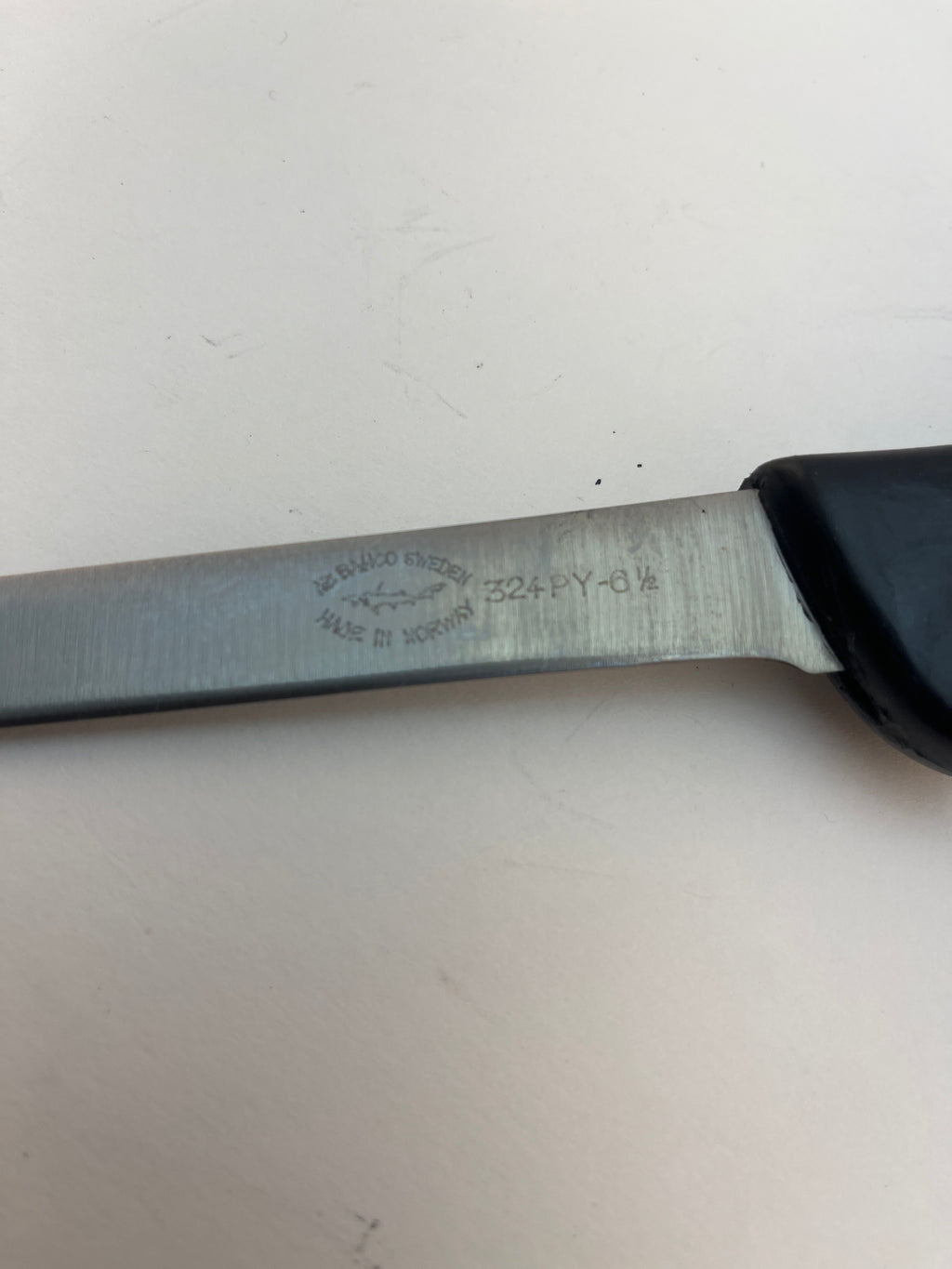 Mora knife blade with 324PY-6½ marking, black handle, stainless steel, Made in Norway