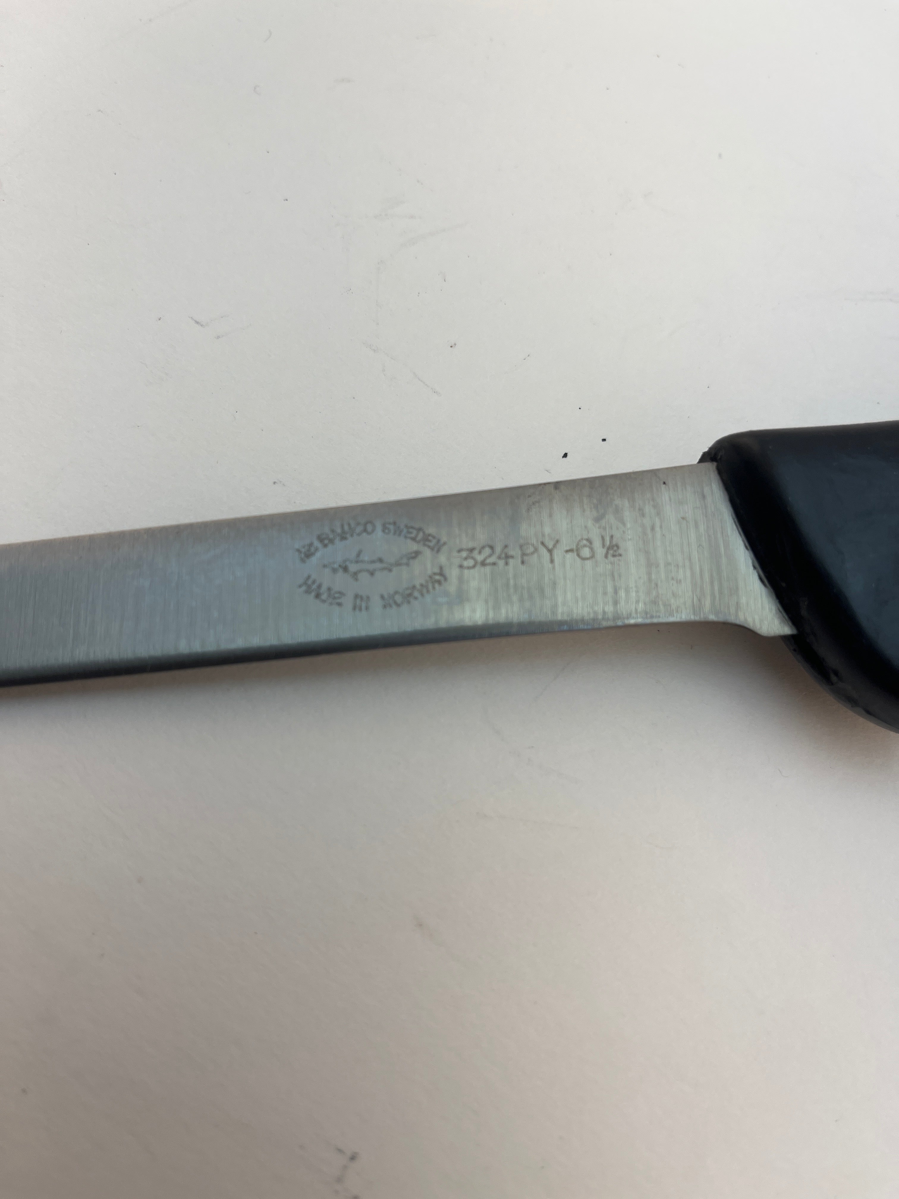 Mora knife blade with 324PY-6½ marking, black handle, stainless steel, Made in Norway