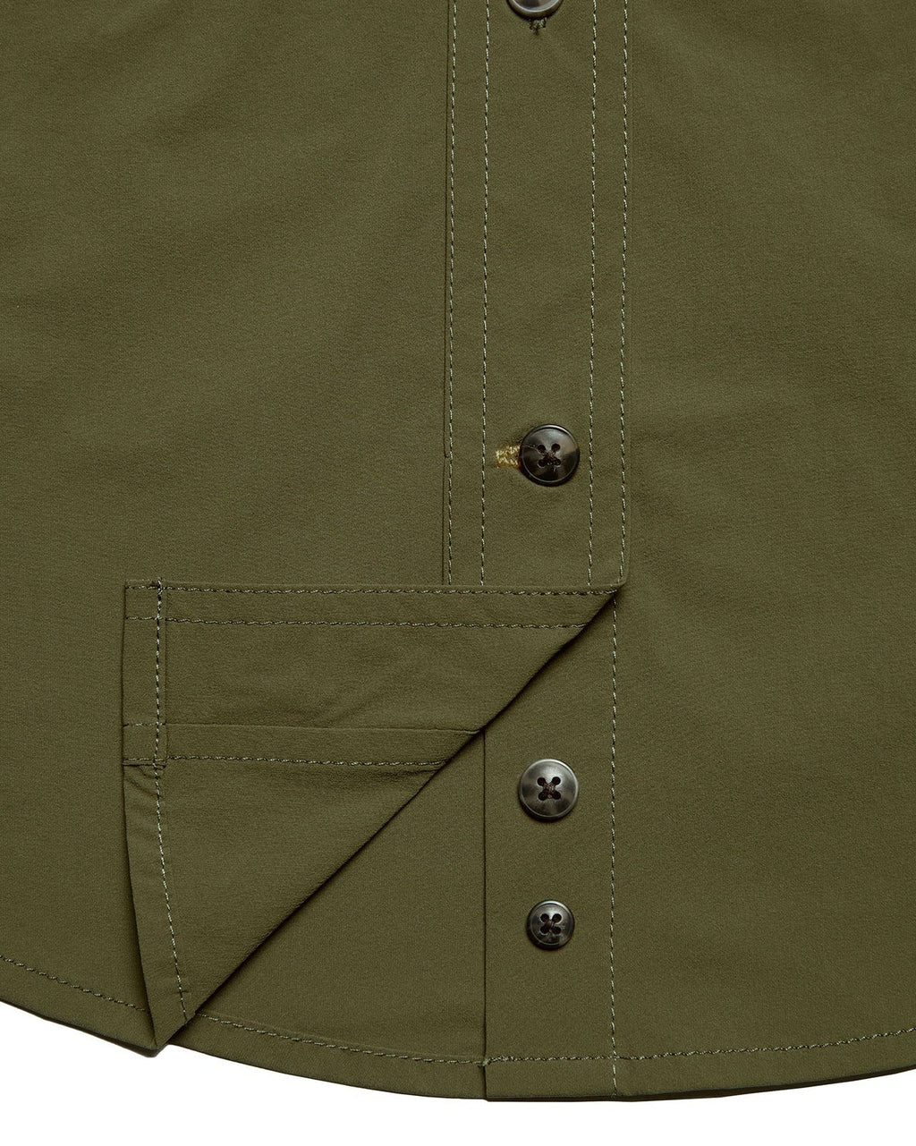 Button placket and hem on the Olive Active+ Joan Field Shirt