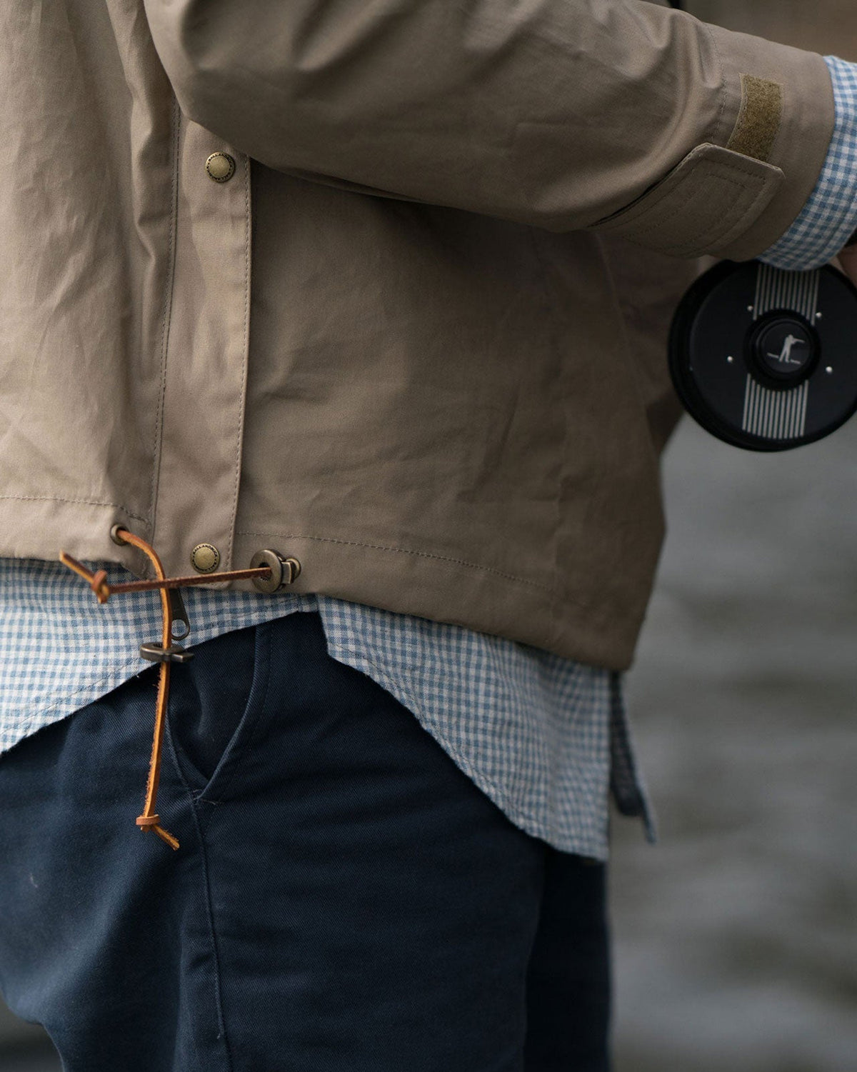 Side seam zipper on the Waxed Cotton Anorak, worn