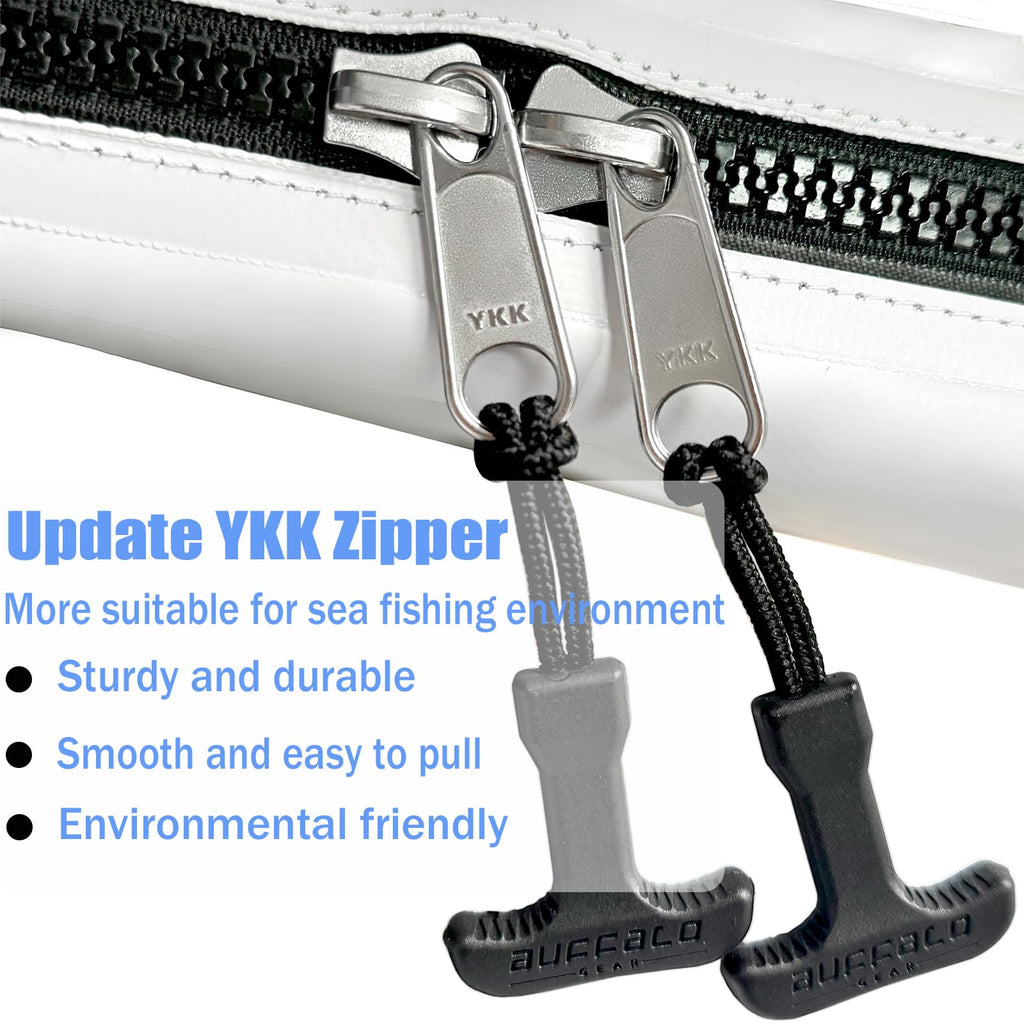 YKK zipper with Buffalo Gear pulls, durable for sea fishing gear, smooth operation, black cord handles
