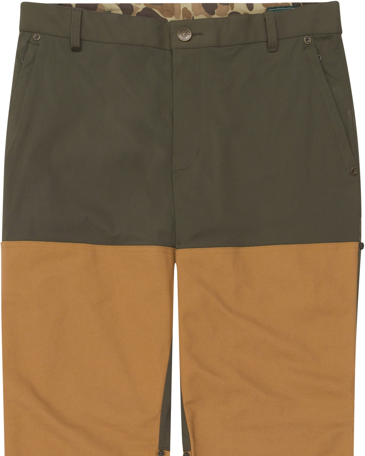 Ball and Buck Active+ Field Pant in Loden with tan mil-spec canvas leg reinforcements, front view