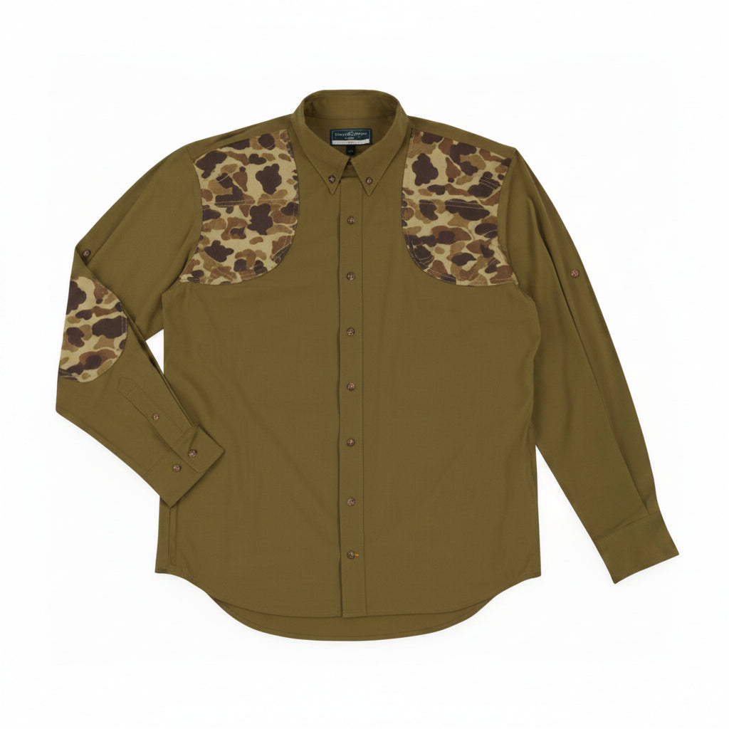 Ball and Buck Active+ Field Shirt in Olive with Original Camo shooting shoulders, front view