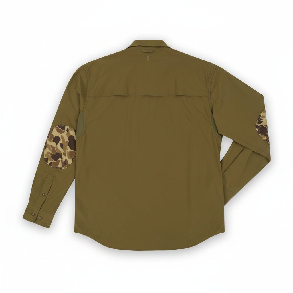 Olive Active+ Field Shirt, back view with camo elbow patches