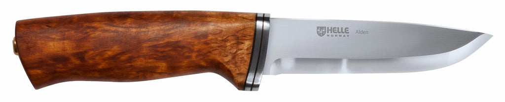 Helle Alden hunting knife with polished wood handle and stainless steel blade, ideal for outdoor use