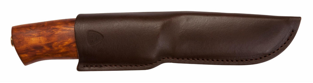 Hunting knife with wooden handle and brown leather sheath, ideal for outdoor survival and camping gear