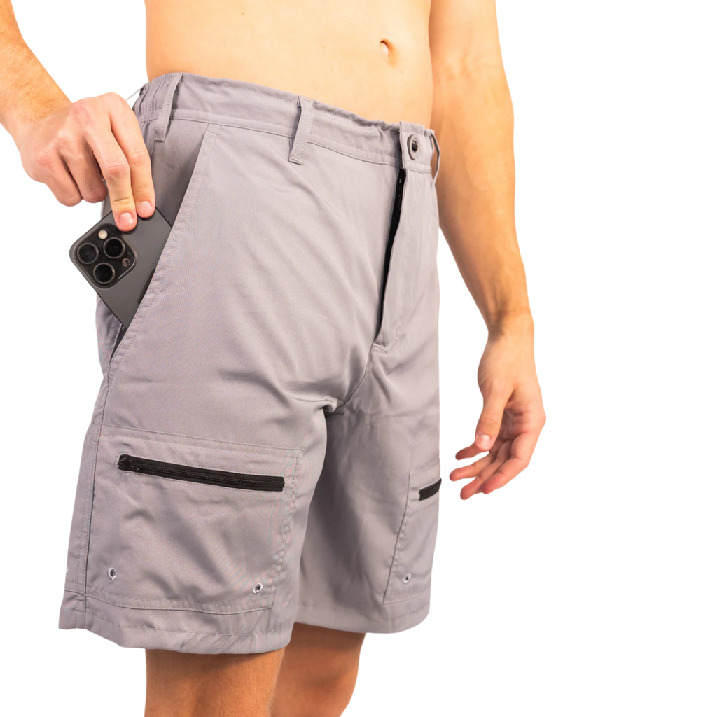 Gray tactical shorts with zippered pockets, phone storage, and quick-dry fabric for hunting and outdoor adventures