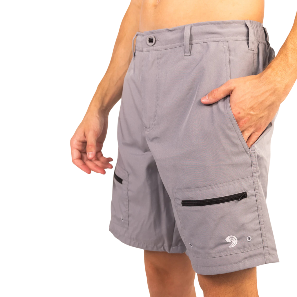 Gray quick-dry fishing shorts with zippered pockets and side vents for outdoor adventures