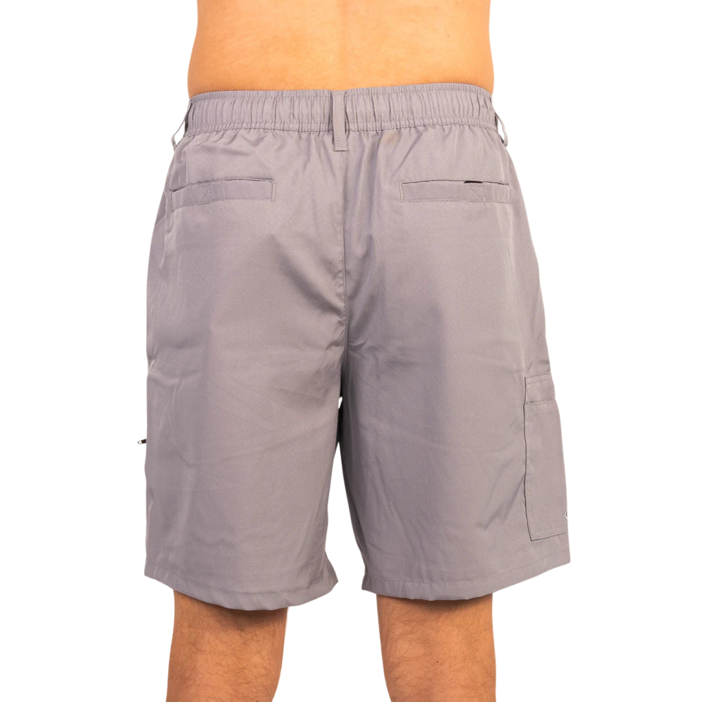 Gray cargo shorts with elastic waist and back pockets for hunting and outdoor use