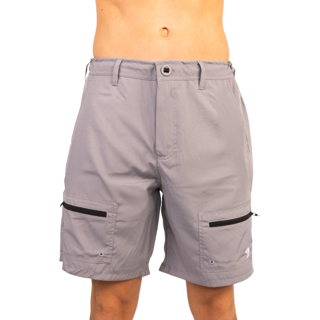 Gray tactical cargo shorts with zippered pockets, ideal for hunting and outdoor adventures