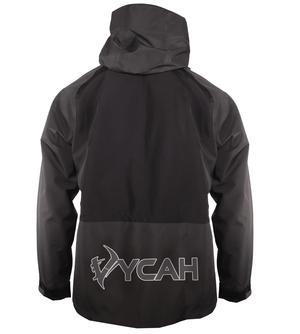 Black waterproof hunting jacket with hood and YCAH logo, ideal for outdoor adventures and rain protection
