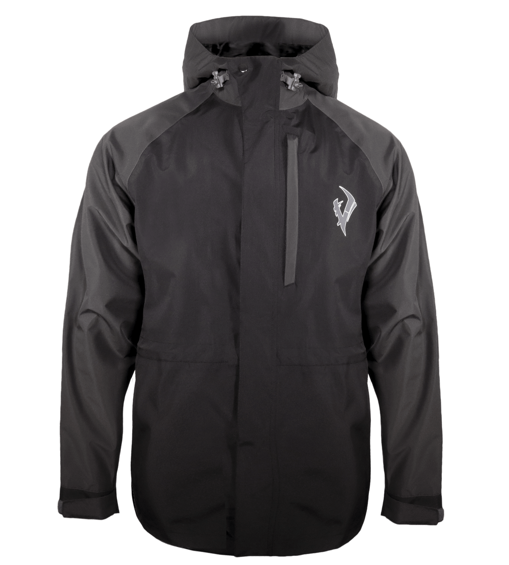 Black waterproof hunting jacket with hood, adjustable cuffs, and chest logo for outdoor adventures