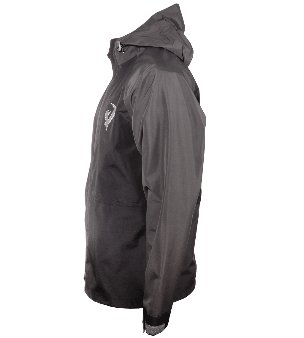Black waterproof hunting jacket with hood and chest logo, ideal for outdoor adventures and rain protection.
