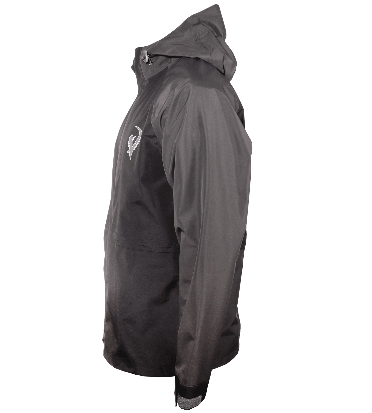 Black waterproof hunting jacket with hood and chest logo, ideal for outdoor adventures and rain protection.
