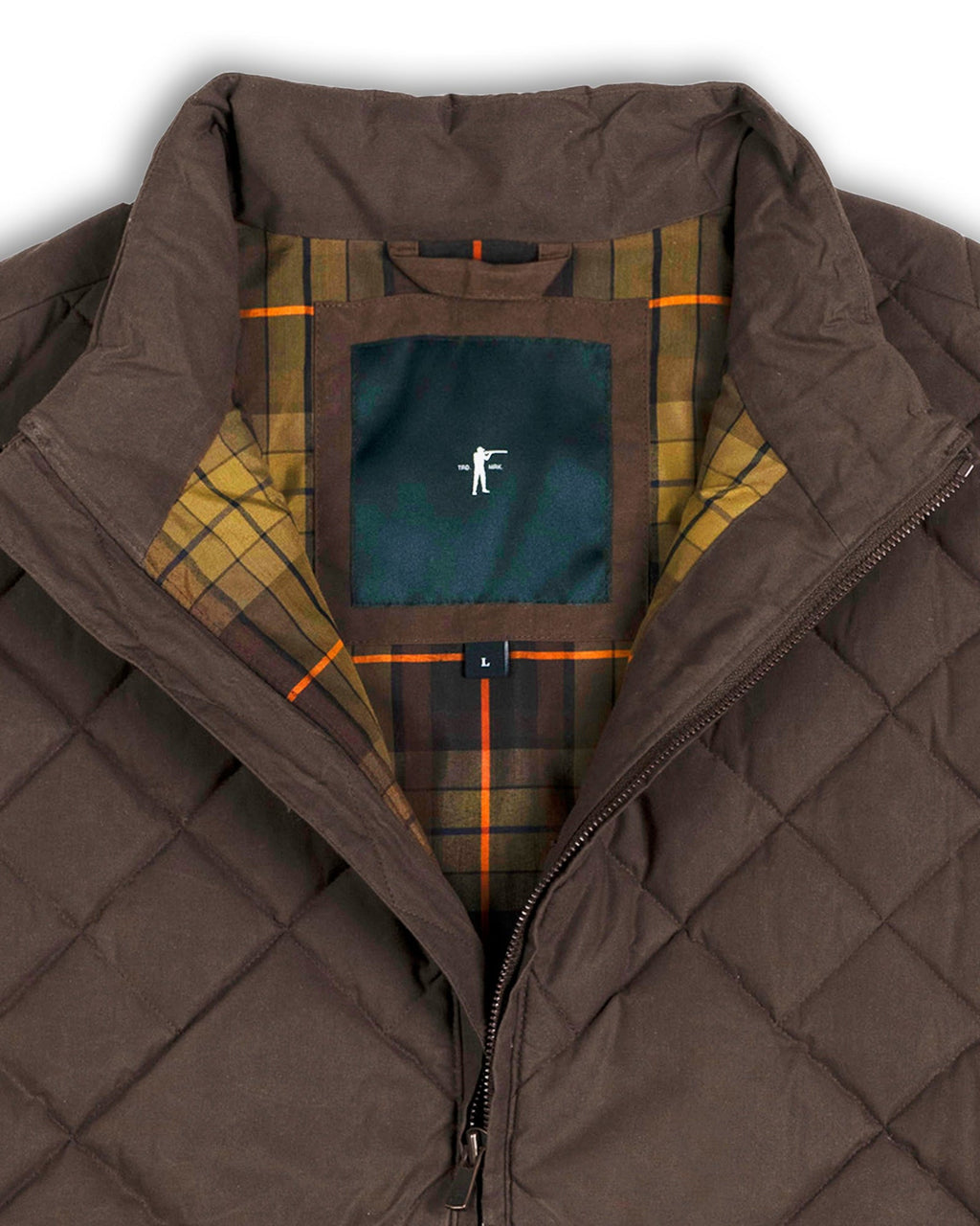 Open collar of the Brown Arthur Down Vest showing the plaid lining
