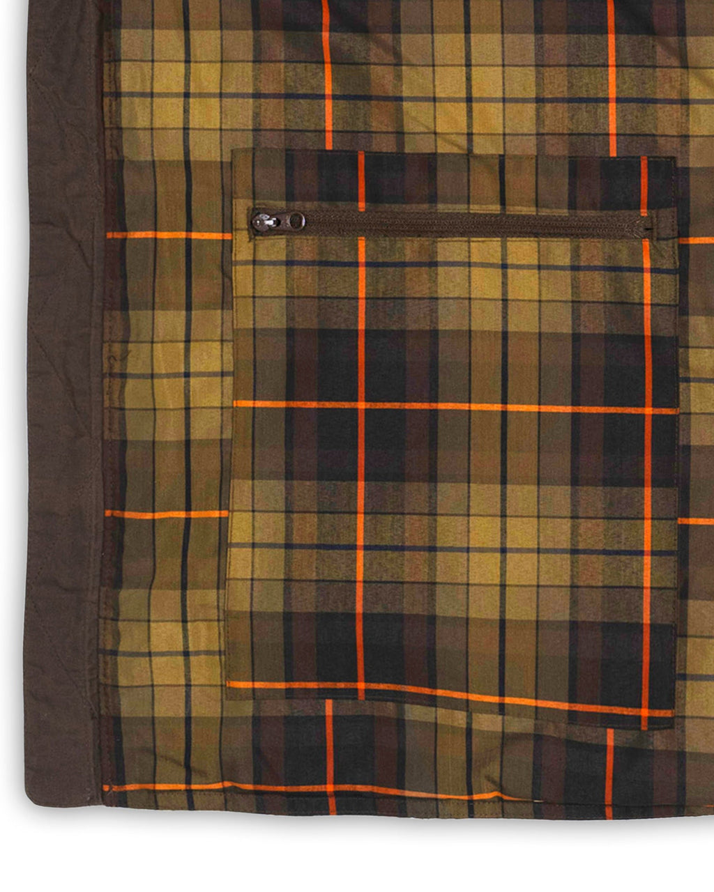 Plaid interior lining of the Brown Arthur Quilted Waxed Down Vest