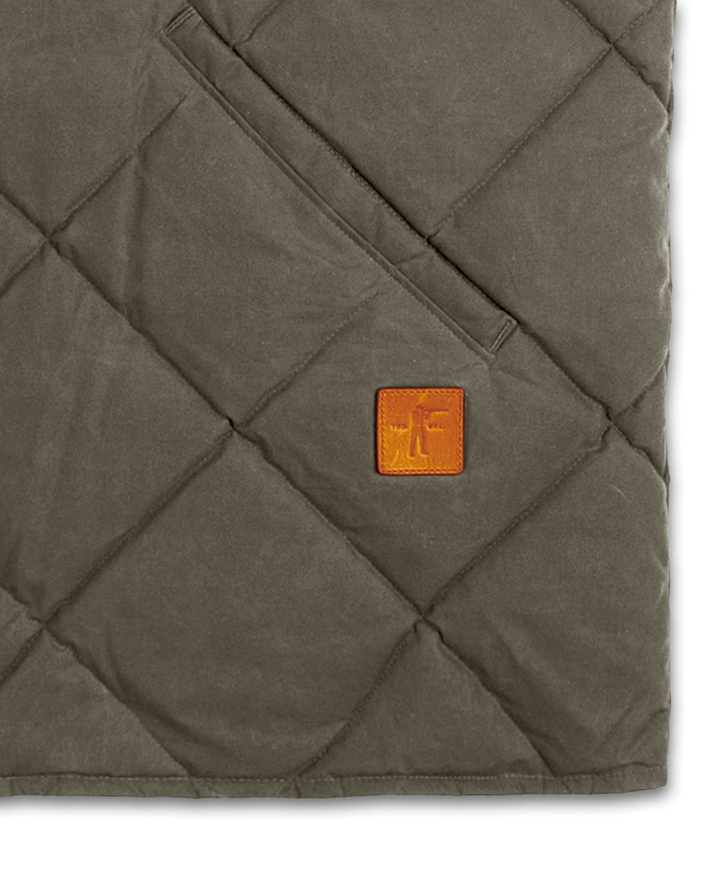 Diamond quilting and leather Arthur patch on the Loden Arthur Down Vest
