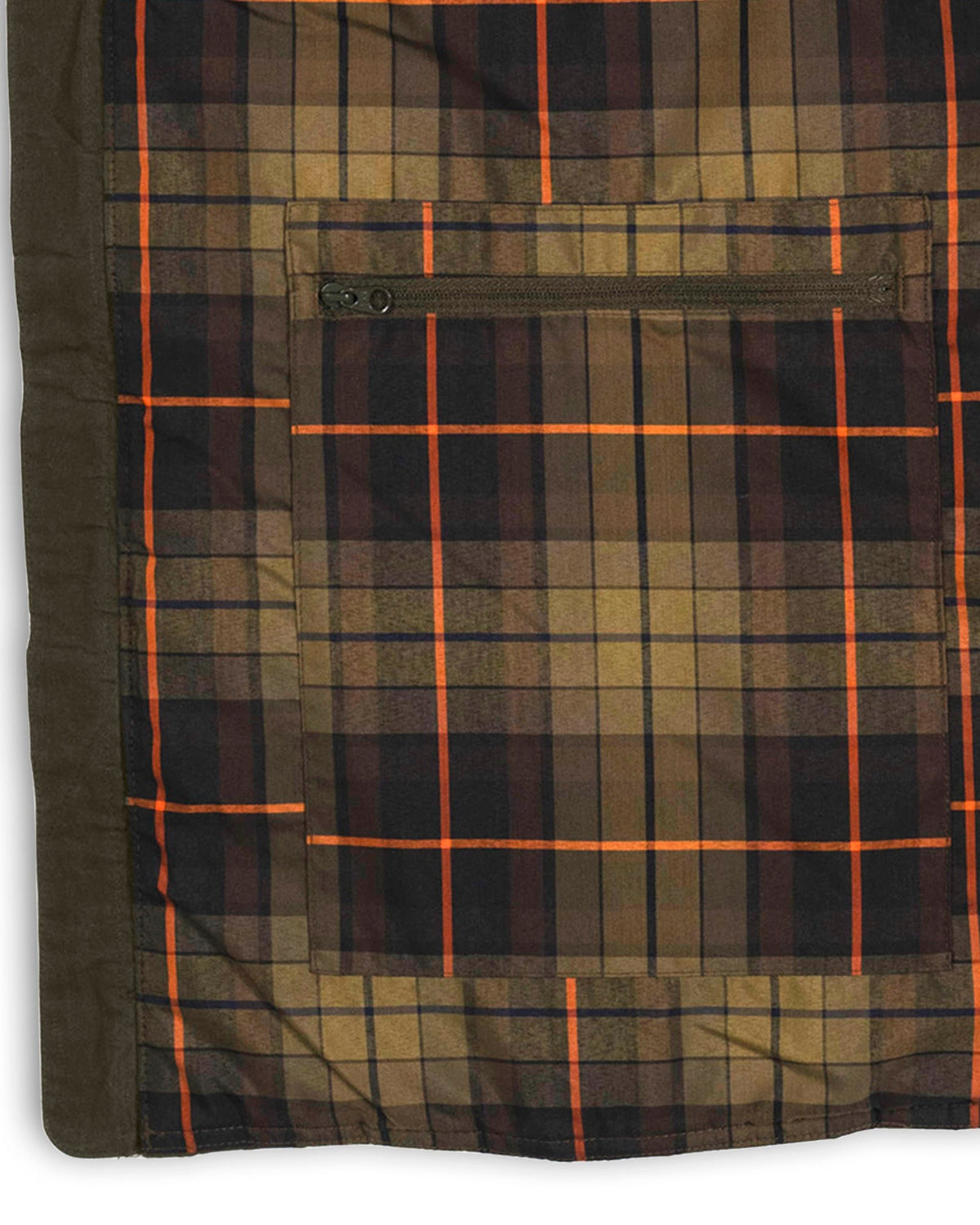 Ball and Buck plaid lining inside the Loden Arthur Quilted Waxed Down Vest