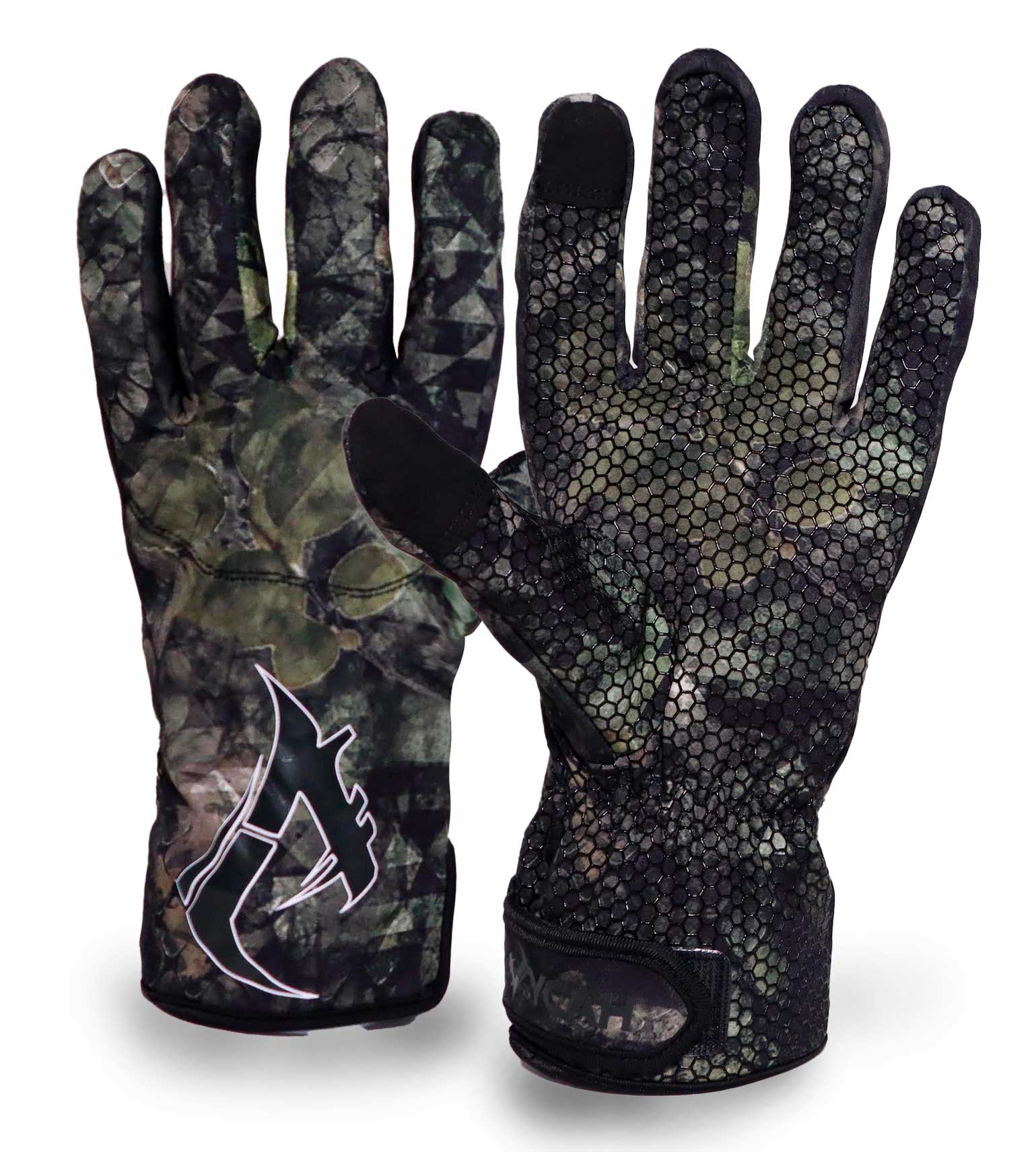 Vycah Ashford hunting gloves in Deep Woods camo with hex silicone grip palm and black touchscreen fingertips
