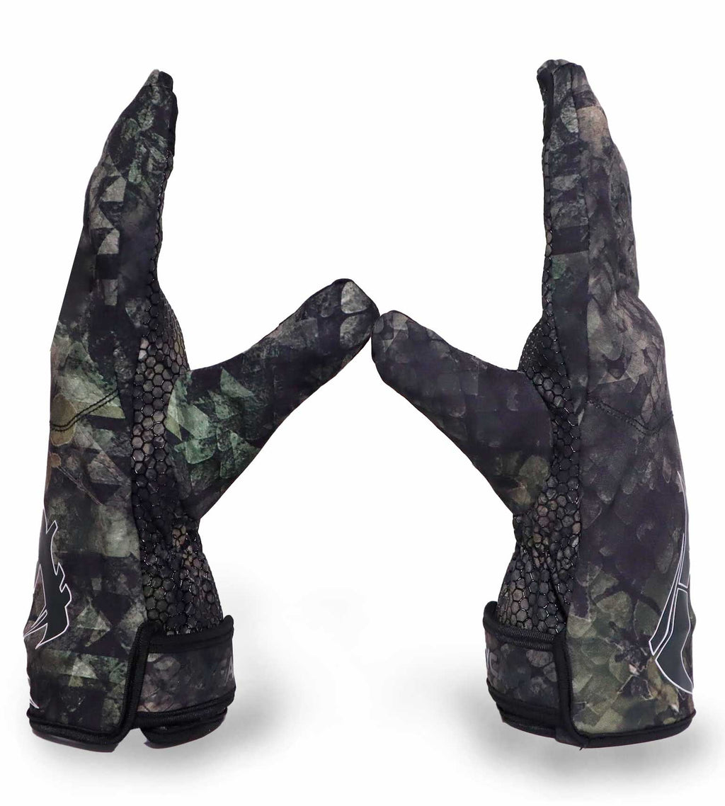 Vycah Ashford gloves in Deep Woods camo, pair shown from the side with Velcro cuff adjusters