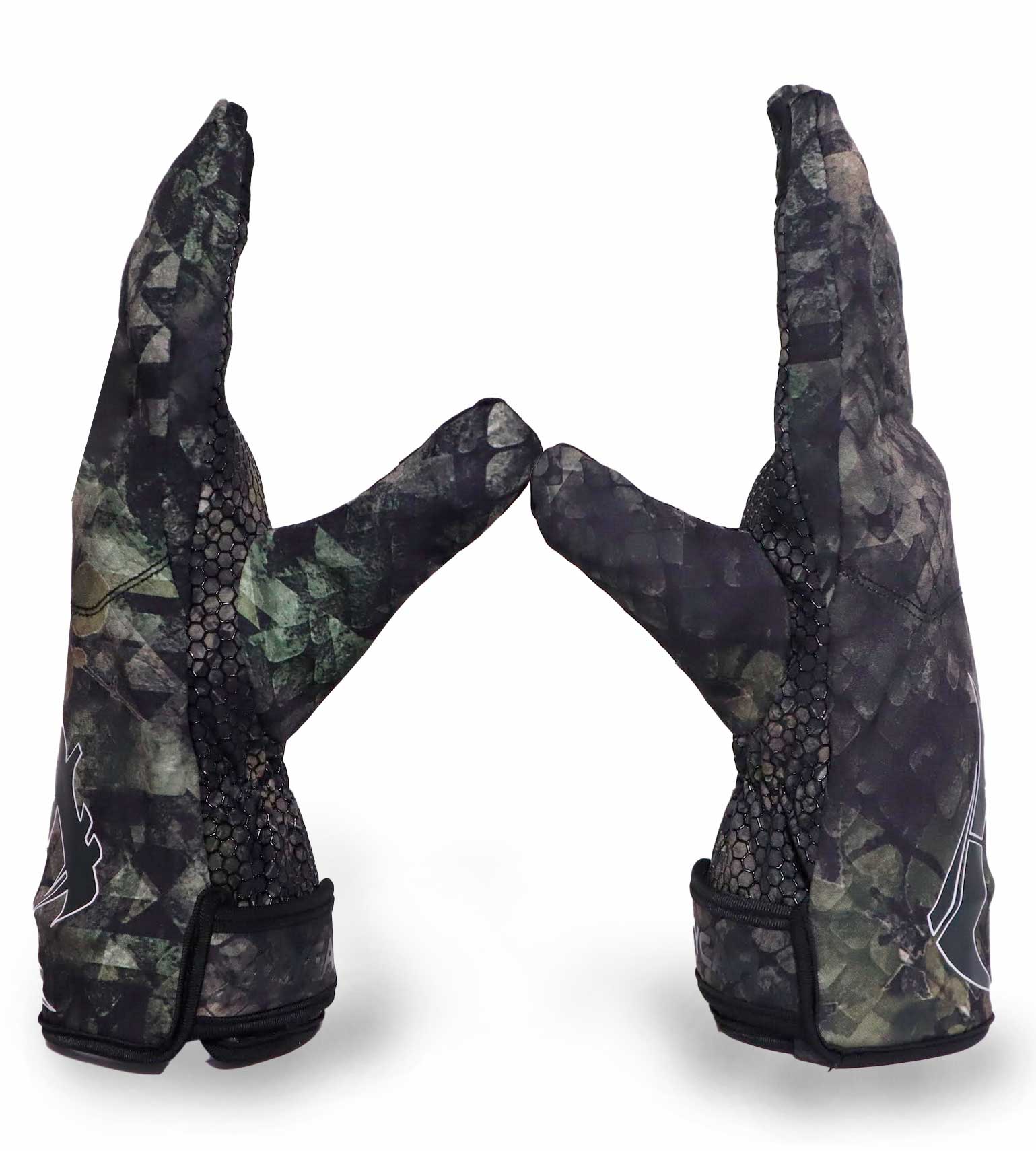 Vycah Ashford gloves in Deep Woods camo, pair shown from the side with Velcro cuff adjusters