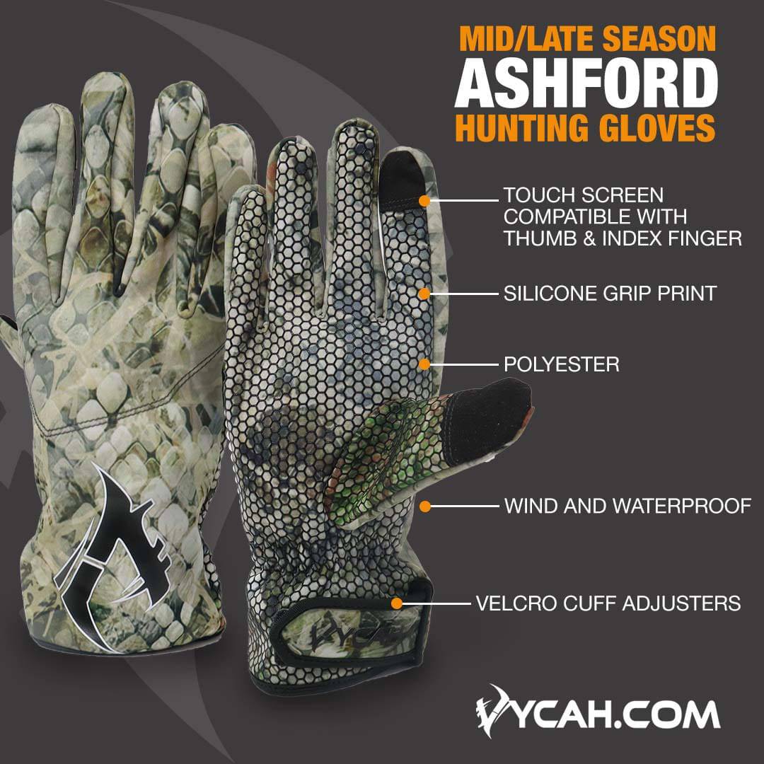 Vycah Ashford glove feature highlights: touchscreen thumb and index, wind and waterproof shell