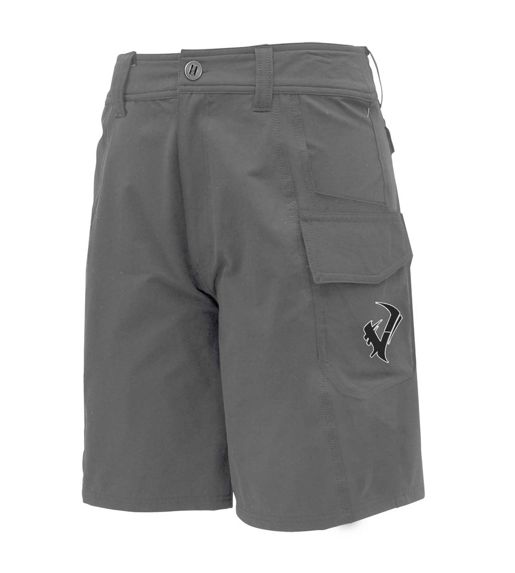 Gray tactical hunting shorts with cargo pockets and logo, ideal for outdoor adventures and field use.