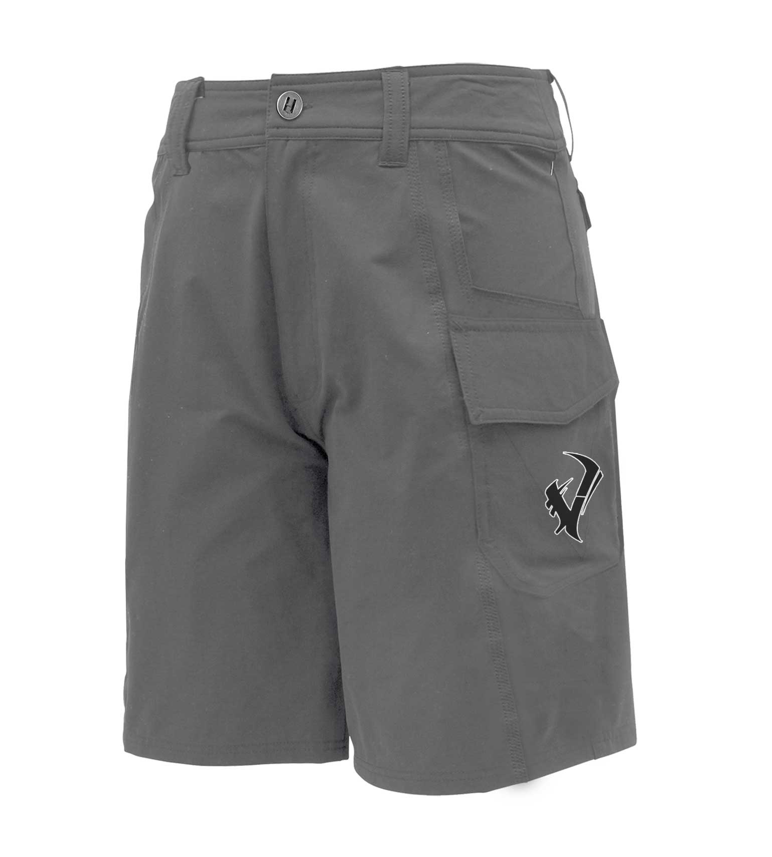 Gray tactical hunting shorts with cargo pockets and logo, ideal for outdoor adventures and field use.