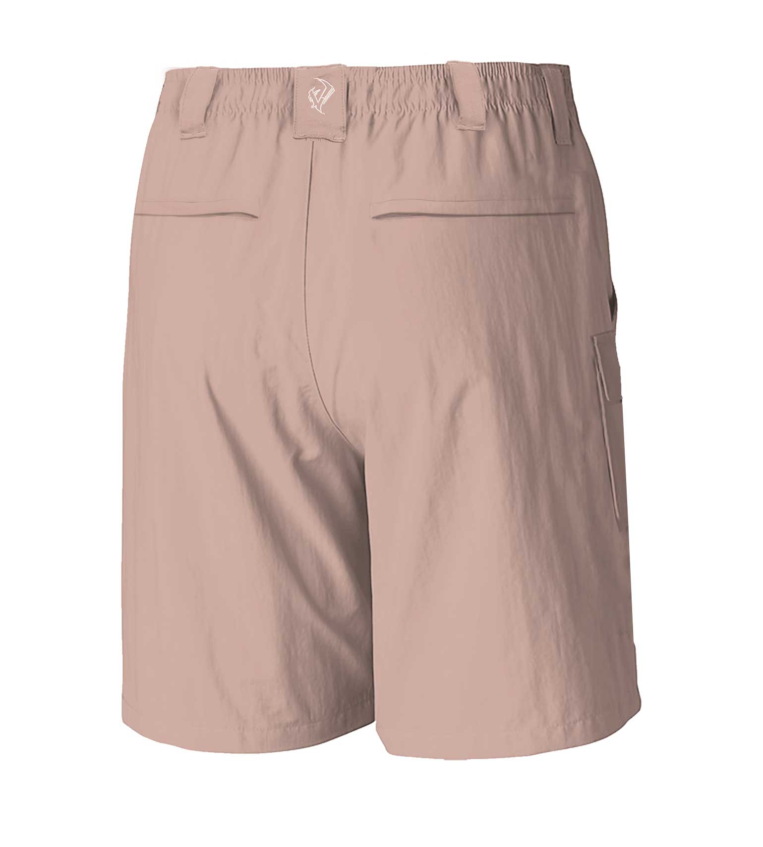 Tan hunting shorts with elastic waist, rear pockets, and side cargo pocket for outdoor adventures