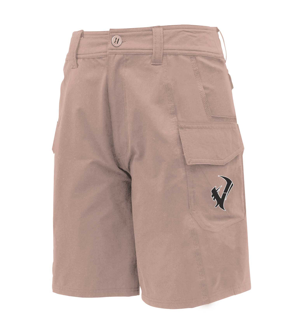 Tan cargo shorts with side pockets and logo, ideal for hunting and outdoor adventures