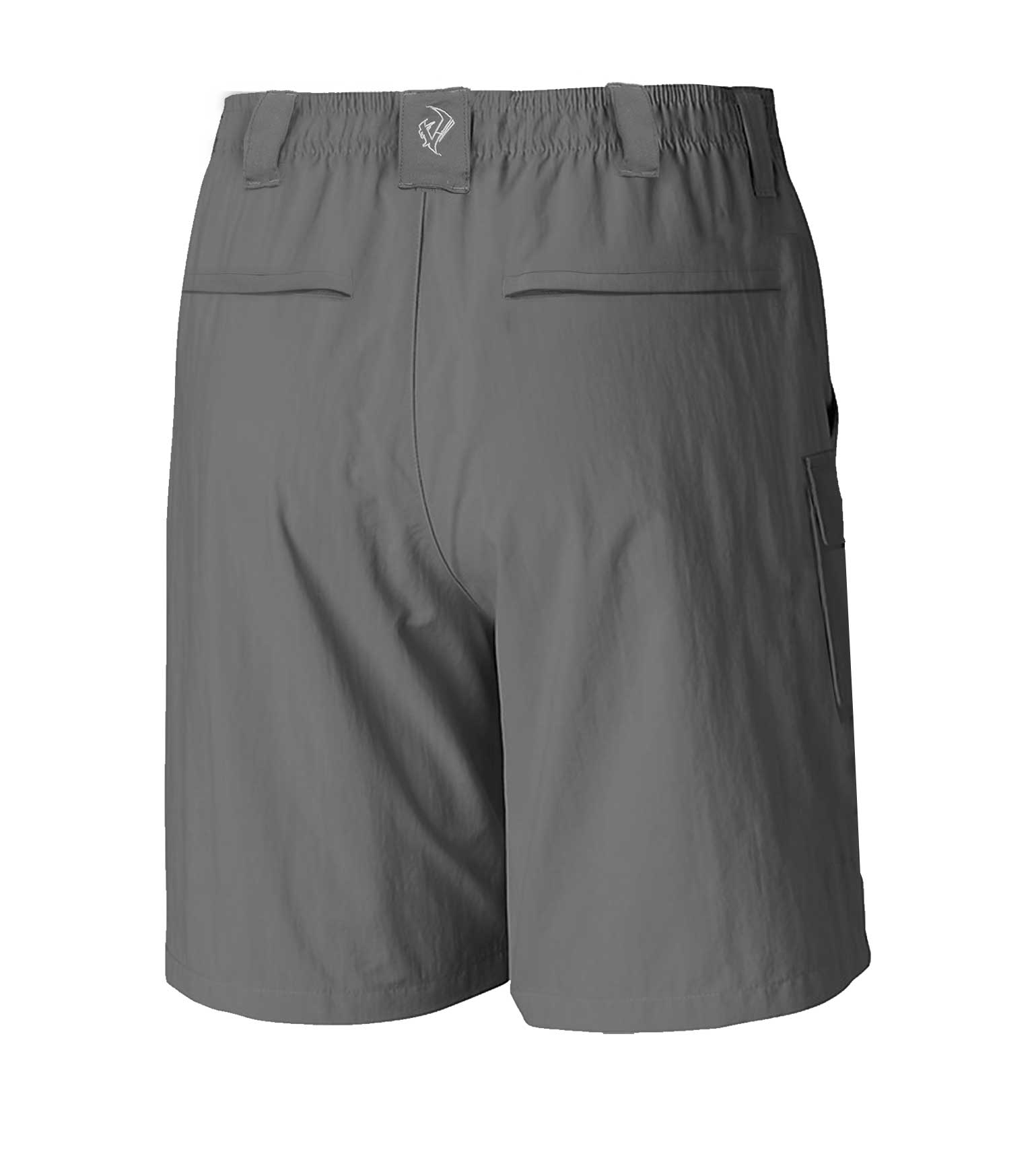 Gray hunting shorts with elastic waist, rear pockets, and side cargo pocket for outdoor adventures