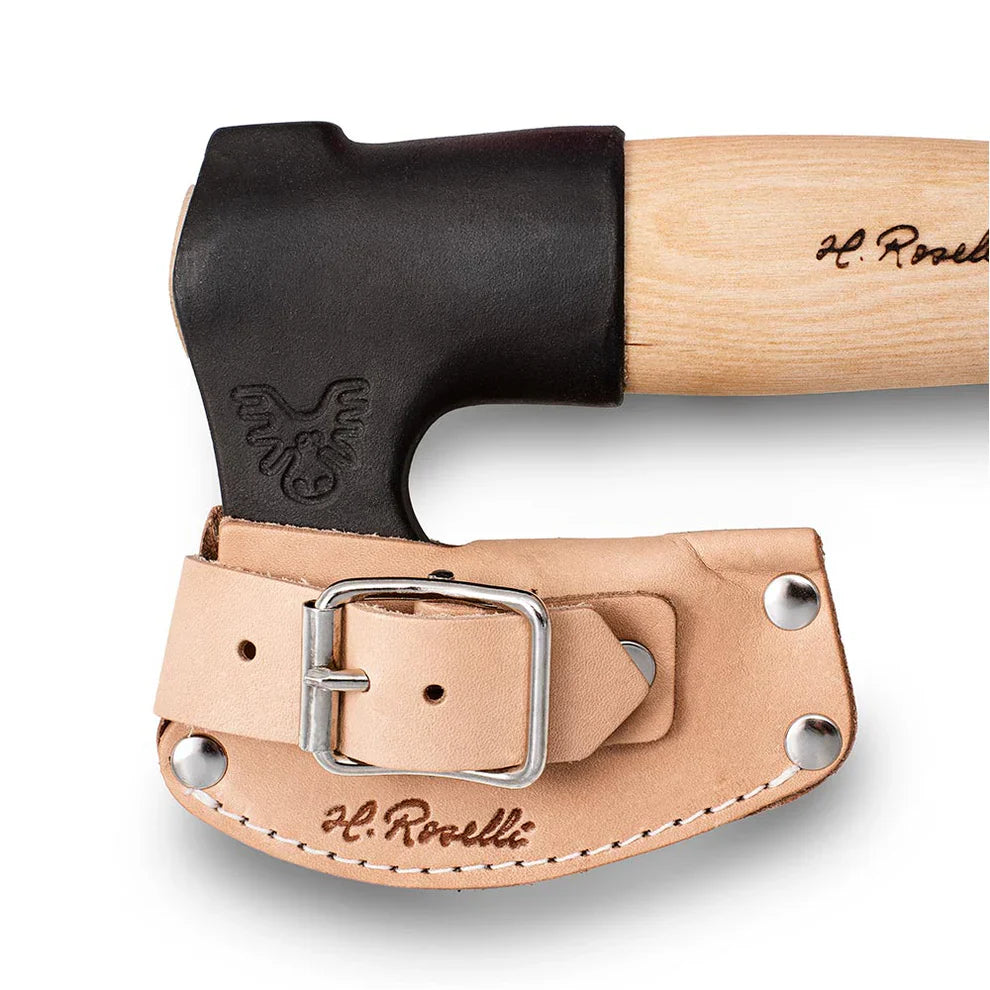 H. Roselli axe with leather sheath, wooden handle, black grip, ideal for hunting and outdoor use