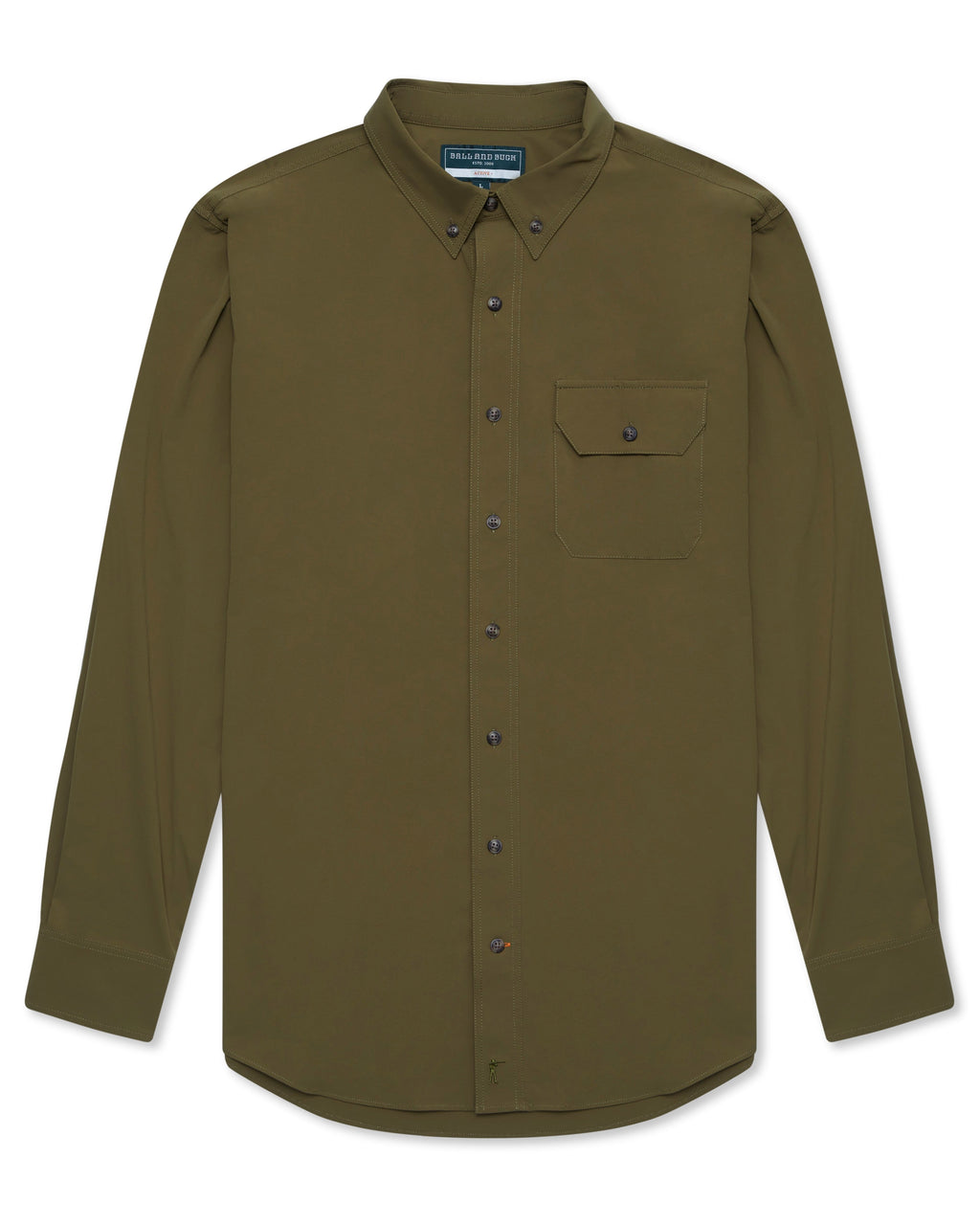 Ball and Buck Active+ Guide Shirt in Olive, long sleeve fishing shirt front view