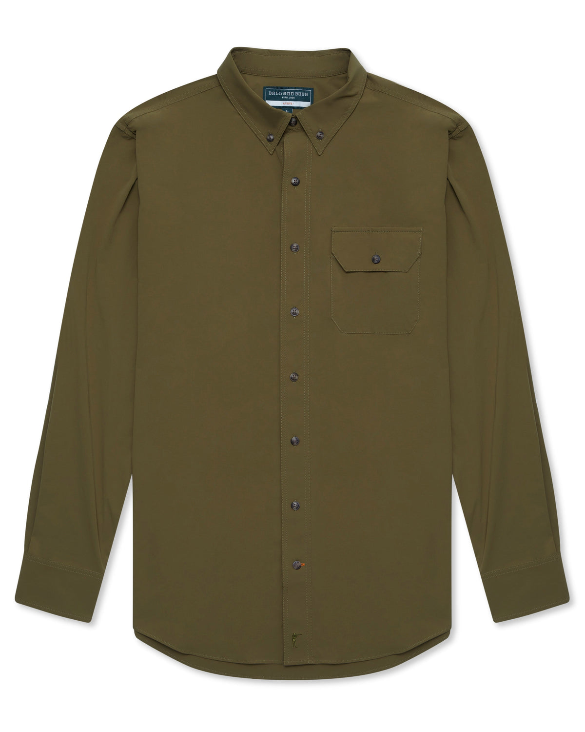 Ball and Buck Active+ Guide Shirt in Olive, long sleeve fishing shirt front view