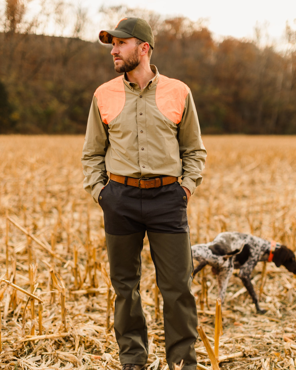 Upland hunter with a bird dog wearing the Ball and Buck leather belt with field pants